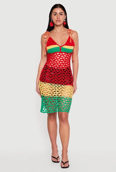 Color Blocked Tie Shoulder Crochet Dress
