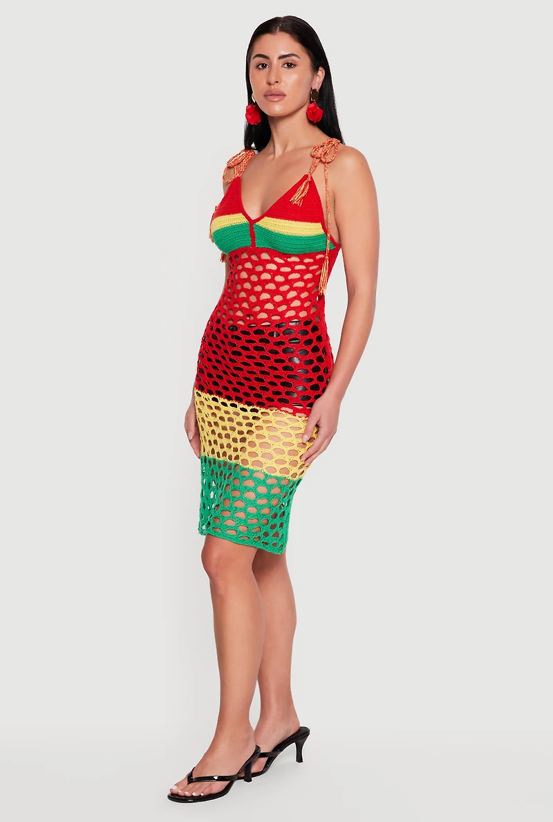 Color Blocked Tie Shoulder Crochet Dress