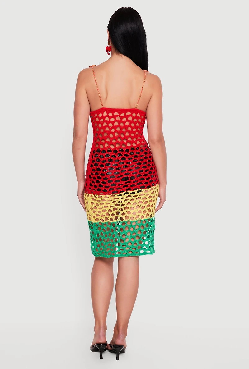 Color Blocked Tie Shoulder Crochet Dress