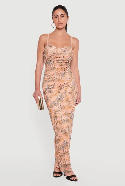 Floral Leopard Print Keyhole Back Cowl Neck Mesh Maxi Dress