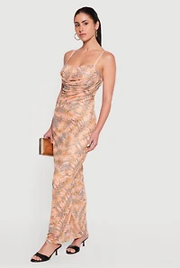 Floral Leopard Print Keyhole Back Cowl Neck Mesh Maxi Dress