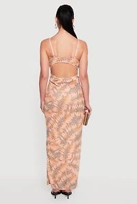Floral Leopard Print Keyhole Back Cowl Neck Mesh Maxi Dress