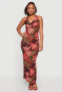 Floral Cowl Halter Neck Mesh Maxi Dress