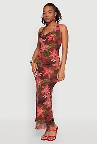 Floral Cowl Halter Neck Mesh Maxi Dress