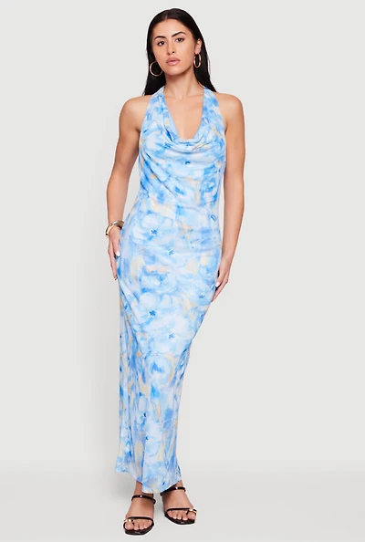 Printed Pattern Cowl Halter Neck Mesh Maxi Dress