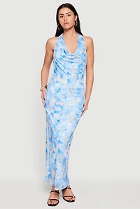 Printed Pattern Cowl Halter Neck Mesh Maxi Dress
