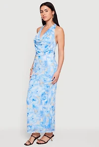 Printed Pattern Cowl Halter Neck Mesh Maxi Dress
