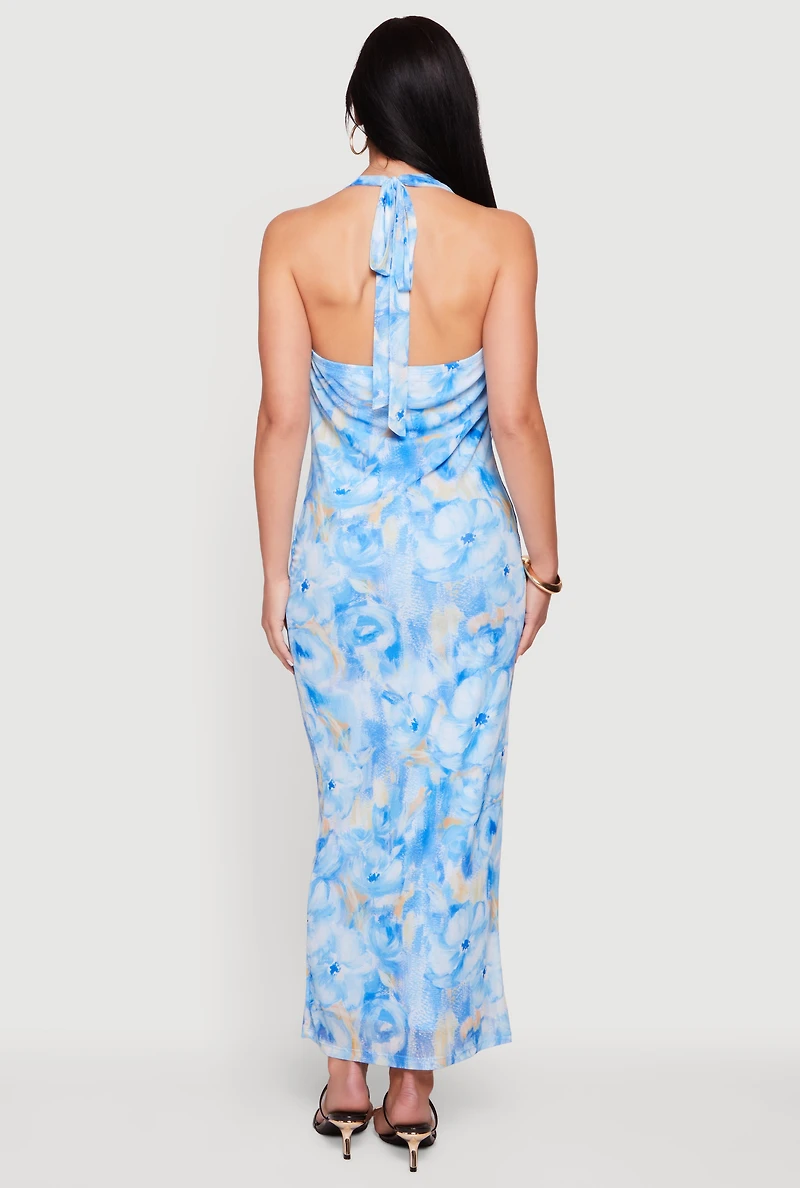 Printed Pattern Cowl Halter Neck Mesh Maxi Dress