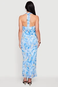 Printed Pattern Cowl Halter Neck Mesh Maxi Dress