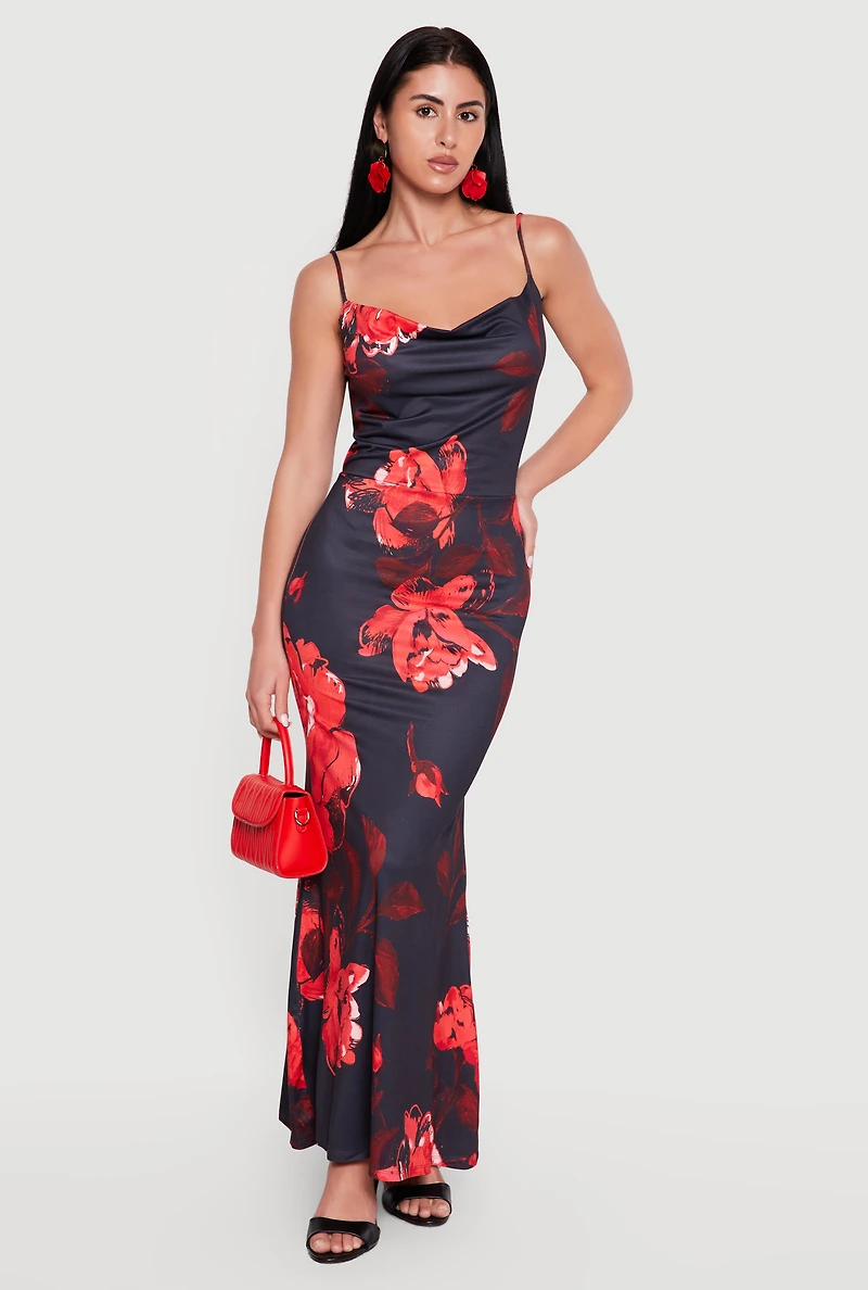 Floral Cowl Neck Ruched Detail Mermaid Dress