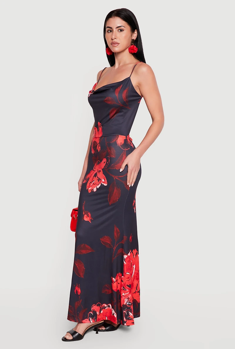 Floral Cowl Neck Ruched Detail Mermaid Dress