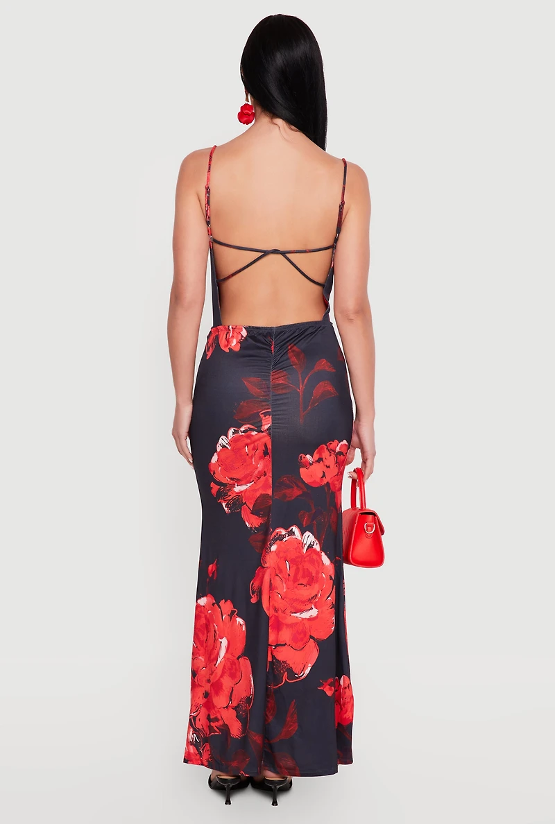 Floral Cowl Neck Ruched Detail Mermaid Dress