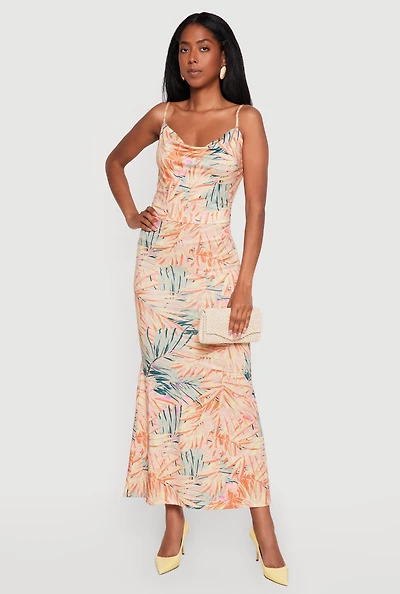 Leaf Print Cowl Neck Open Back Mermaid Dress