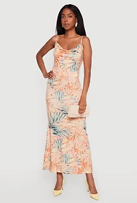 Leaf Print Cowl Neck Open Back Mermaid Dress