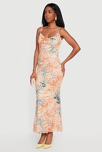 Leaf Print Cowl Neck Open Back Mermaid Dress