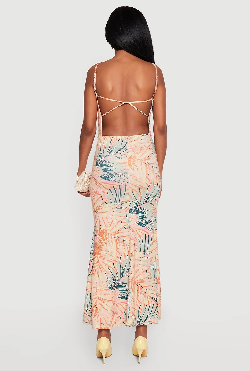 Leaf Print Cowl Neck Open Back Mermaid Dress