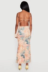 Leaf Print Cowl Neck Open Back Mermaid Dress