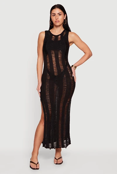 Crochet Shadow Stripe Side Slit Maxi Dress