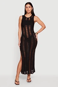Crochet Shadow Stripe Side Slit Maxi Dress