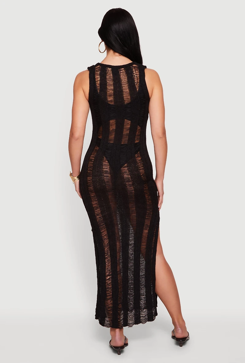 Crochet Shadow Stripe Side Slit Maxi Dress
