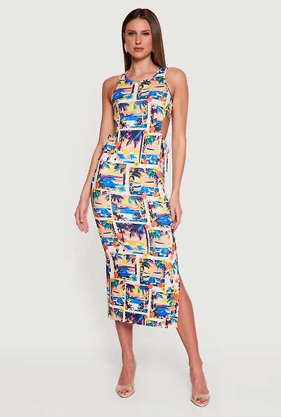 Tropical Print Side Slit Midi Dress