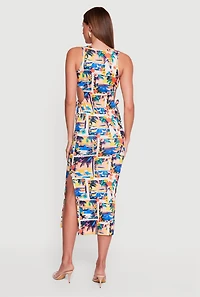 Tropical Print Side Slit Midi Dress