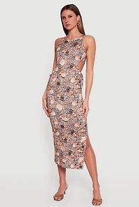 Floral Animal Print Side Slit Cut Out Detail Dress