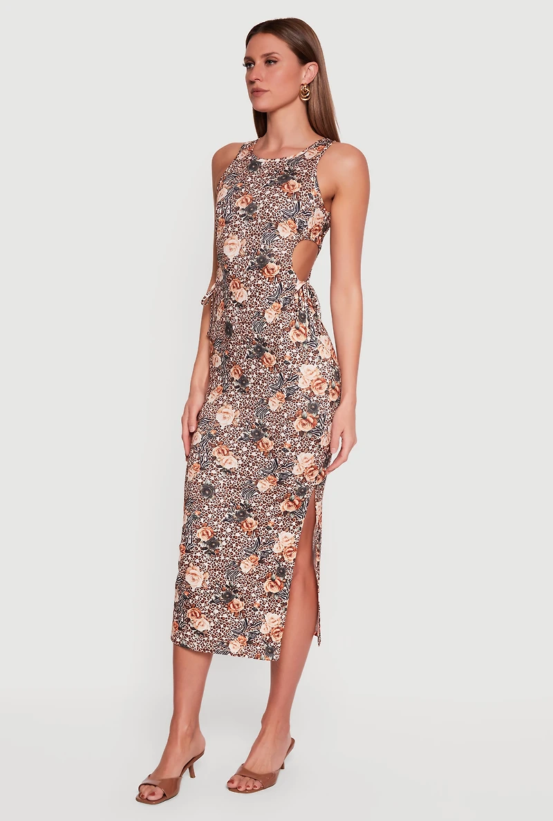 Floral Animal Print Side Slit Cut Out Detail Dress