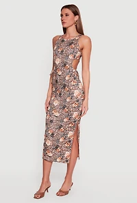 Floral Animal Print Side Slit Cut Out Detail Dress