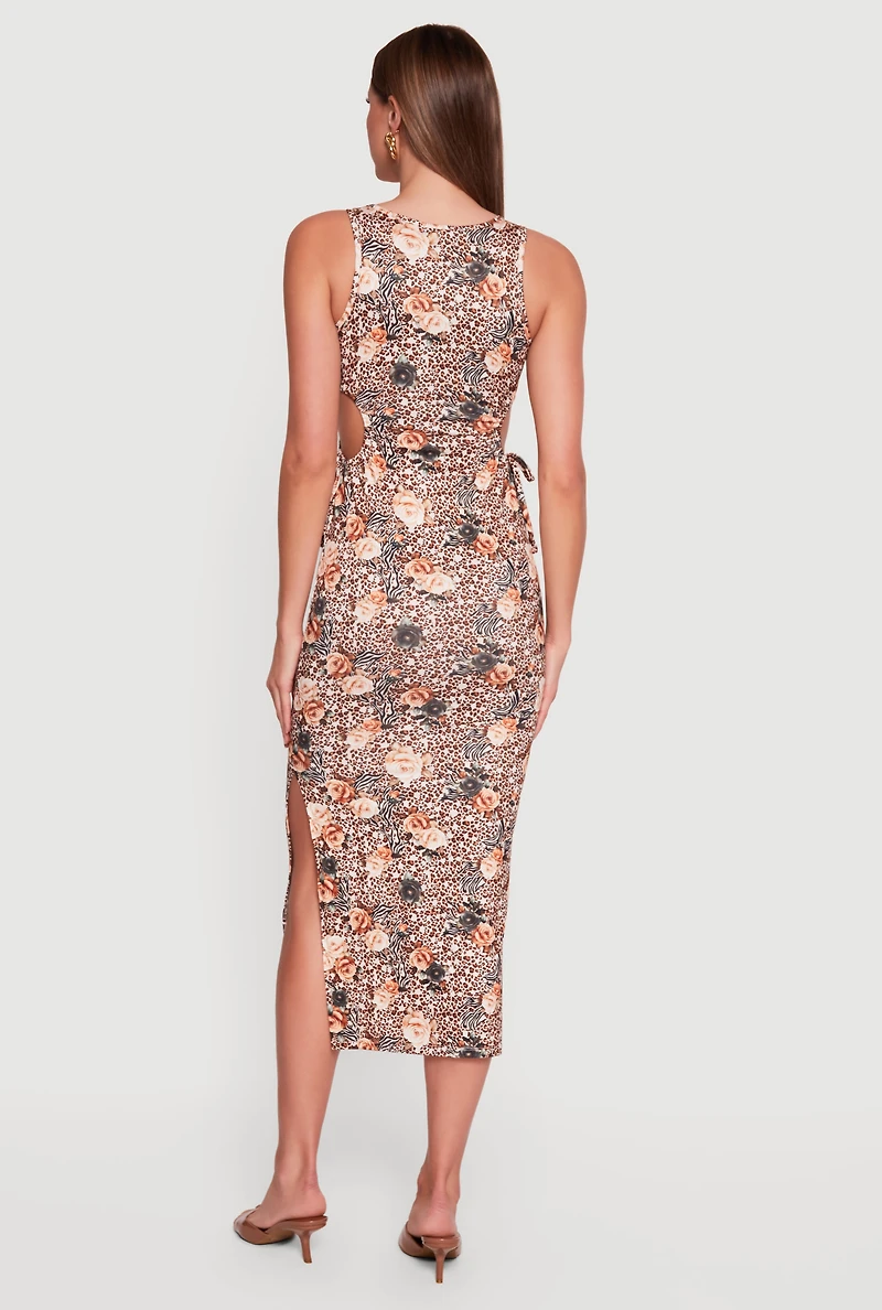 Floral Animal Print Side Slit Cut Out Detail Dress