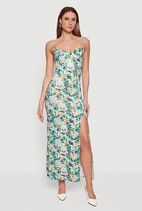 Floral Print Front Slit Bustier Maxi Dress