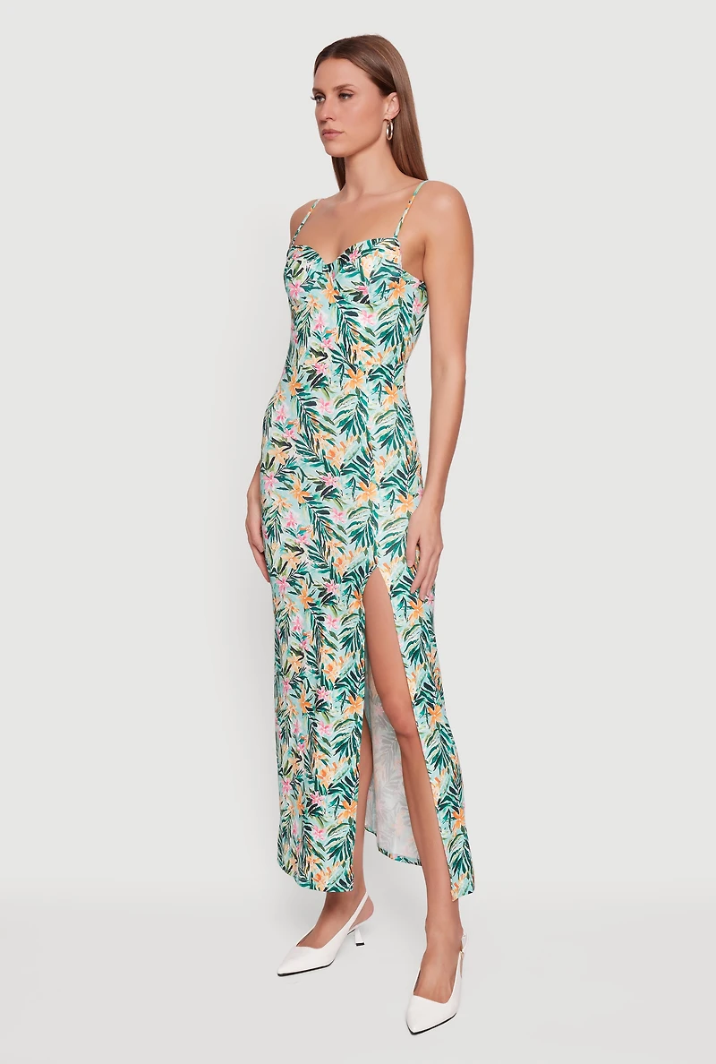 Floral Print Front Slit Bustier Maxi Dress