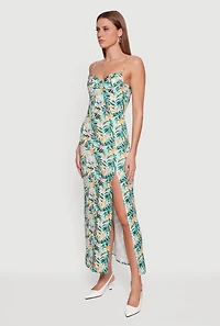 Floral Print Front Slit Bustier Maxi Dress