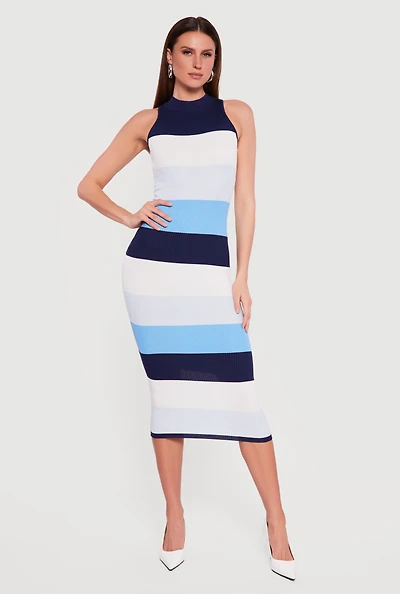 Color Block Rib Knit Mock Neck Sleeveless Midi Dress