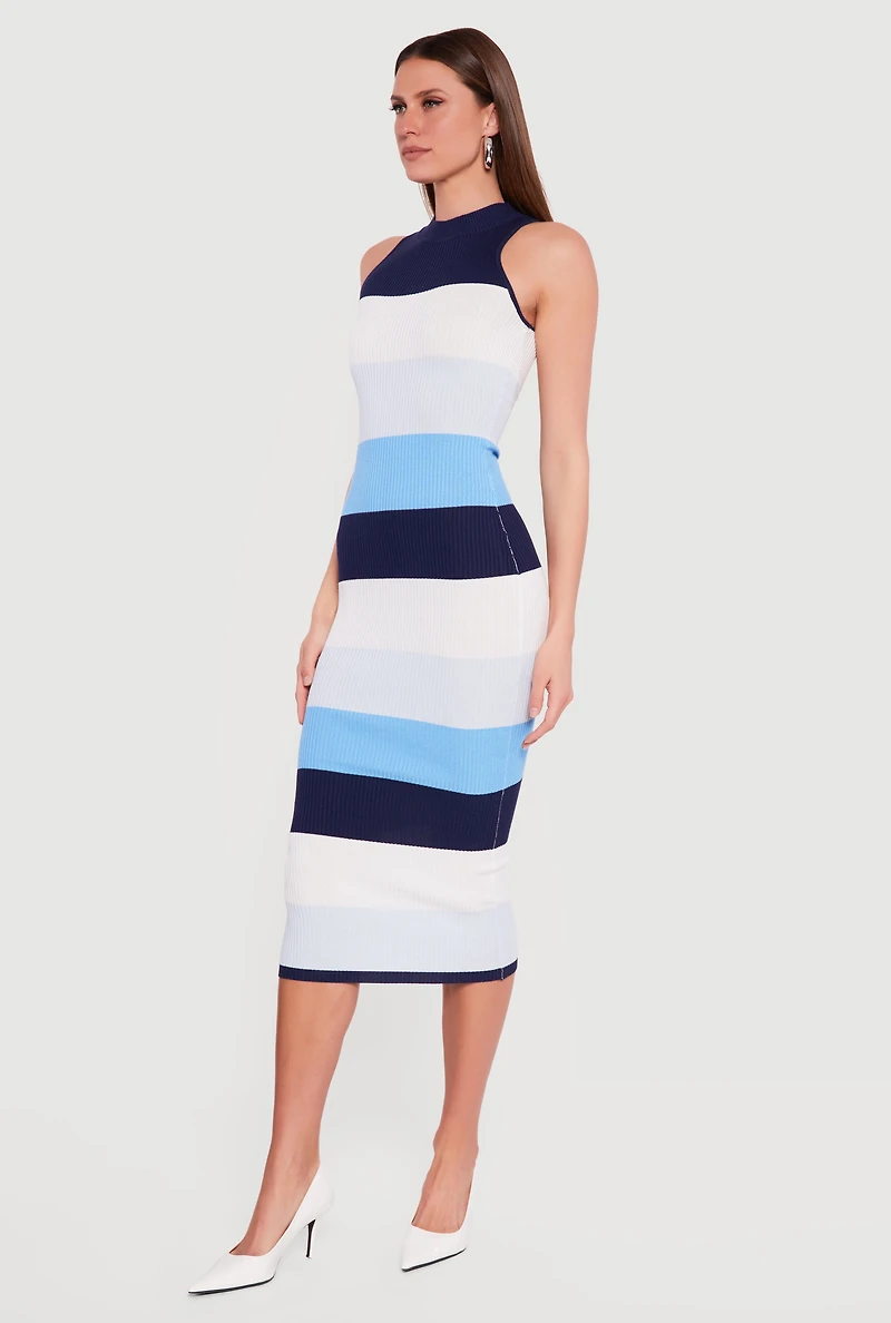Color Block Rib Knit Mock Neck Sleeveless Midi Dress