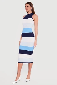 Color Block Rib Knit Mock Neck Sleeveless Midi Dress