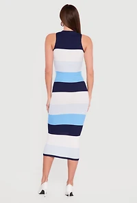 Color Block Rib Knit Mock Neck Sleeveless Midi Dress