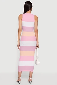 Color Block Rib Knit Mock Neck Sleeveless Midi Dress