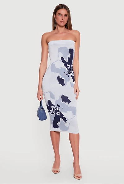 Abstract Floral Print Zip Back Tube Dress