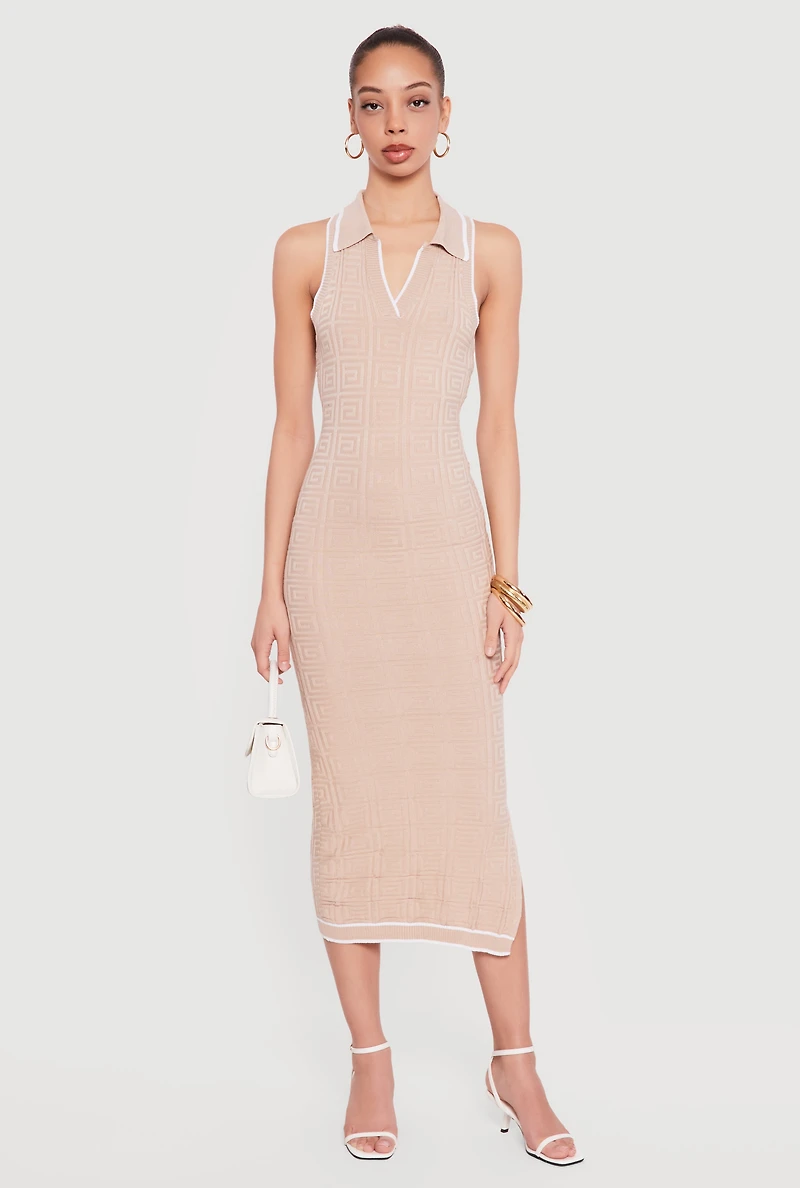 Geometric Patterned Side Slit Midi Sweater Dress