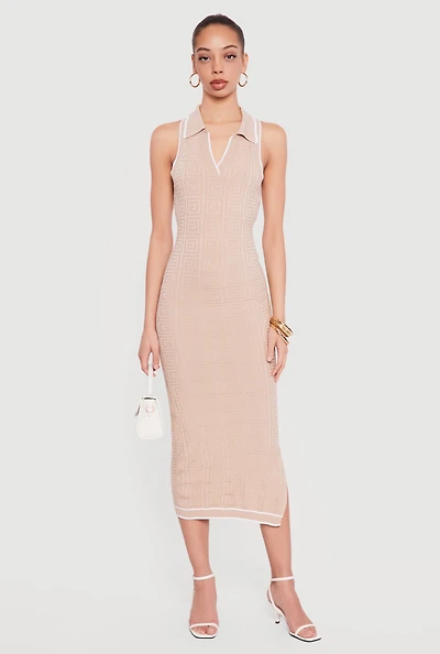 Geometric Patterned Side Slit Midi Sweater Dress