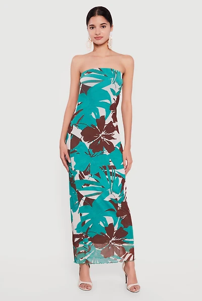 Tropical Floral Mesh Tube Maxi Dress