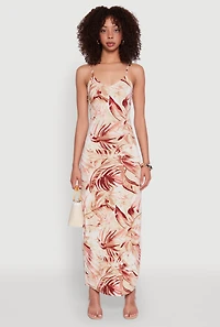 Womens Side Slit Leaf Print Cami Maxi Dress, Multi, Size L