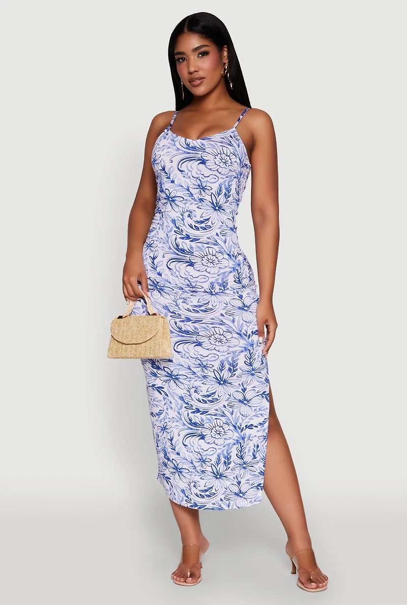 Womens Side Slit Flower Print Cami Maxi Dress, Blue, Size M