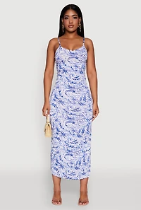 Womens Side Slit Flower Print Cami Maxi Dress, Blue, Size M