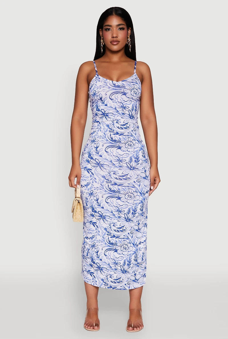 Womens Side Slit Flower Print Cami Maxi Dress, Blue, Size S