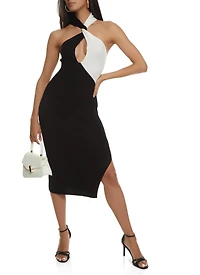 Color Block Twist High Neck Midi Dress