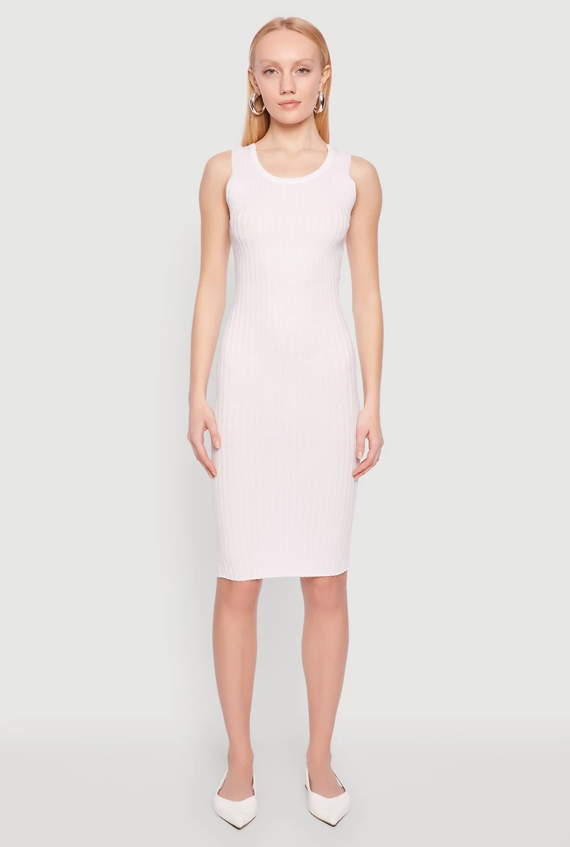 Womens Ribbed Knit Scoop Neck Midi Dress, White, Size L