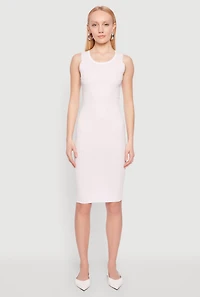 Womens Ribbed Knit Scoop Neck Midi Dress, White, Size L
