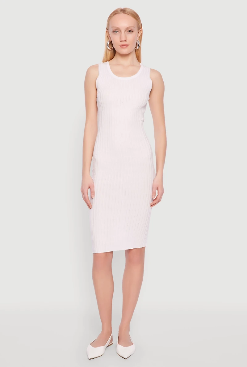 Womens Ribbed Knit Scoop Neck Midi Dress, White, Size M